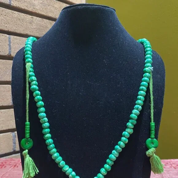 Water Buffalo Bone Etched Mandala Mala - Green - Picture 2 of 3